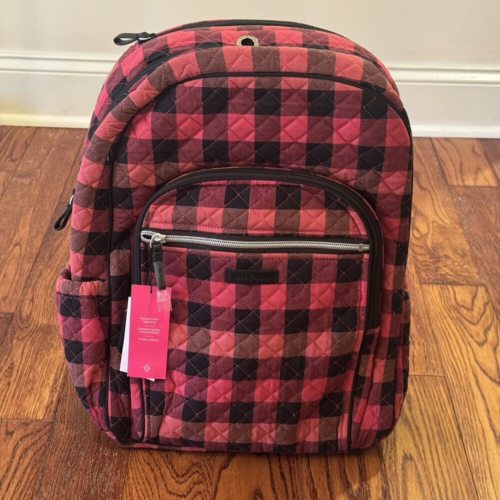 NEW Vera Bradley Iconic Campus Backpack Garnet Buffalo Check Christmas Red Plaid